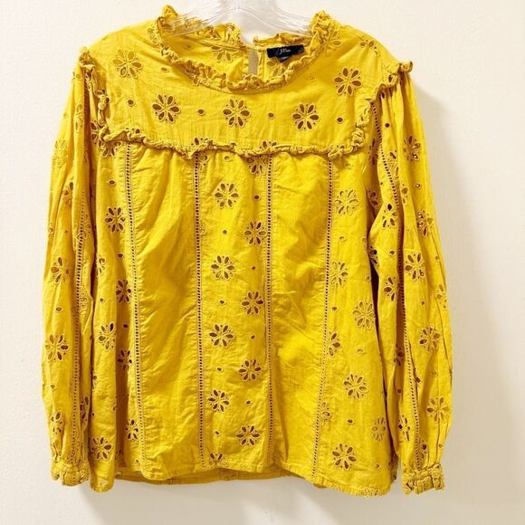 J. Crew Tops - J.Crew Yellow Eyelet Ruffle Neck Long Sleeve Blouse M